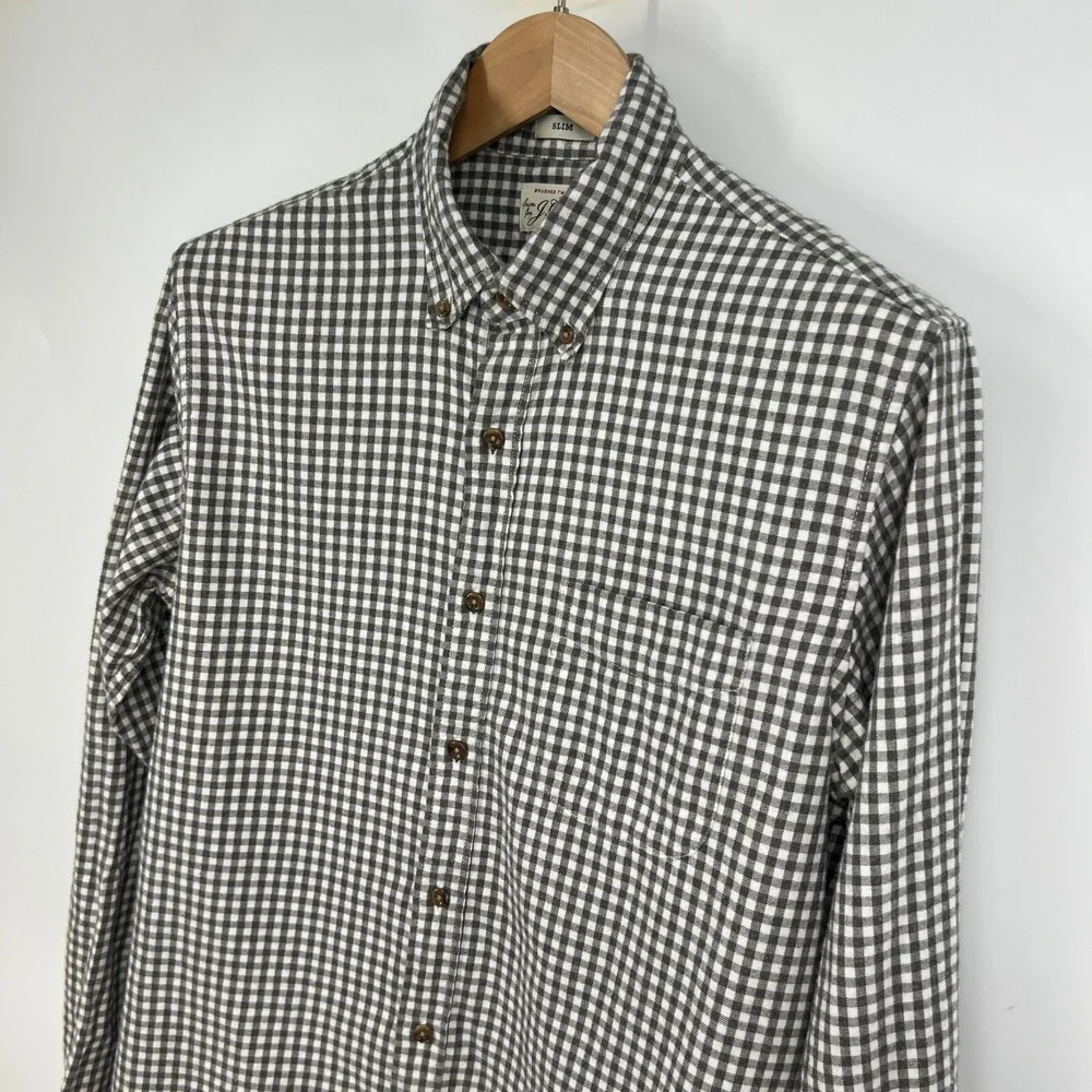 J.Crew Brushed‎ Twill Slim Fit Button Down LS Shirt Mens Size M Gray White Check